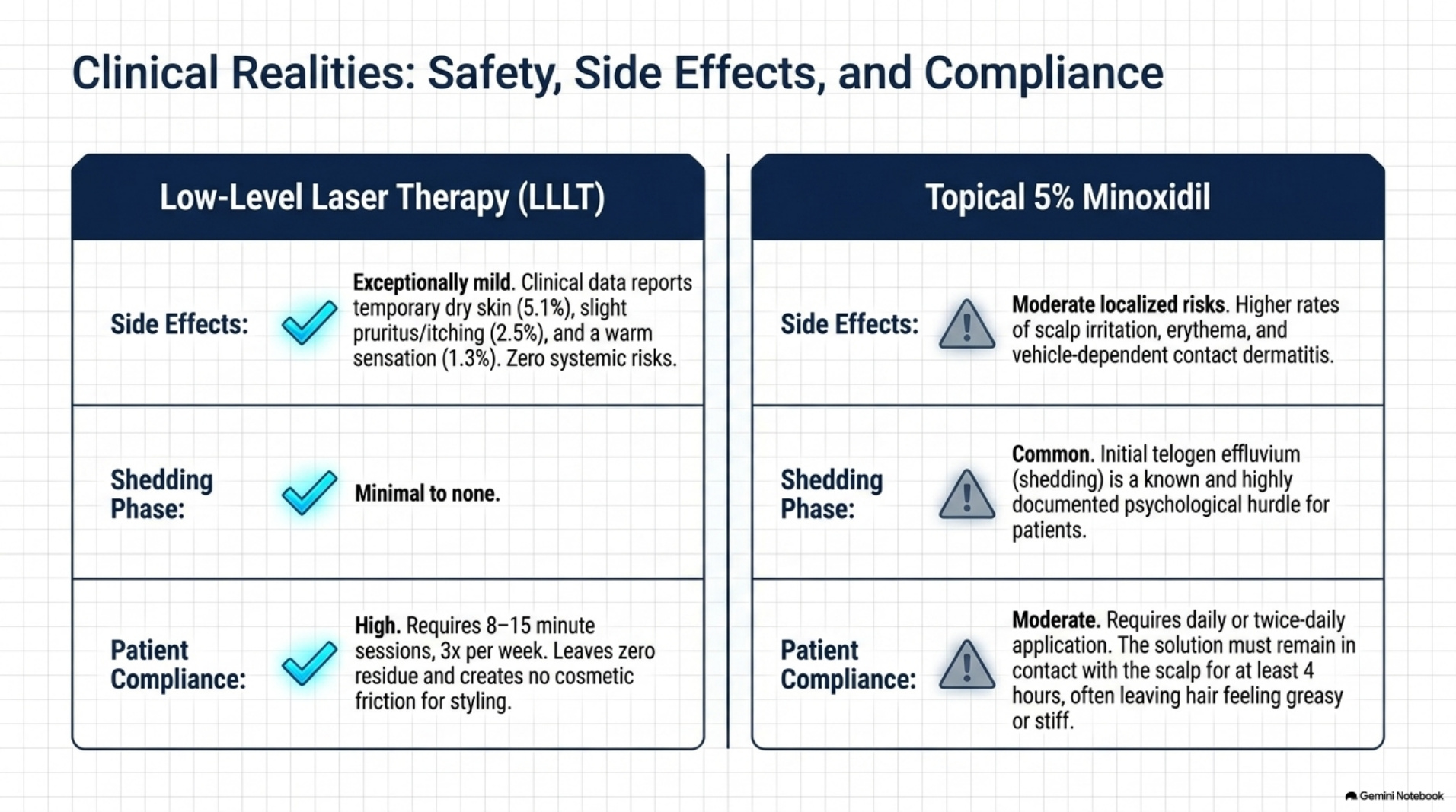 Clinical reality: safety, side effects, and compliance for LLLT and minoxidil